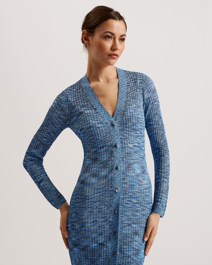 Cardigan Ted Baker Midi Bodycon Ribbed Knit Bleu Femme | STK-85774914